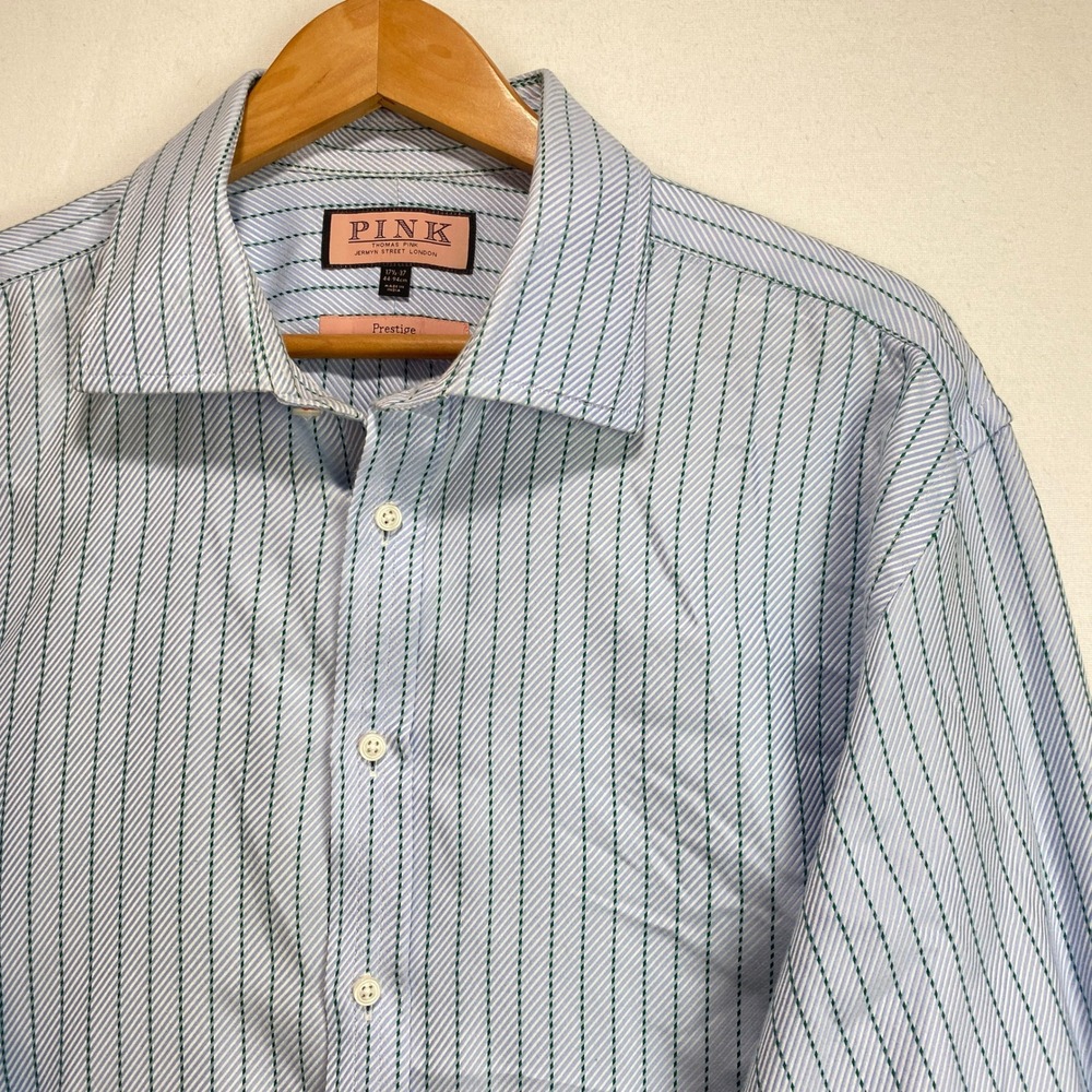 Thomas Pink Prestige Mens Dress Shirt 17.5 37 Blue Green Striped French Cuff